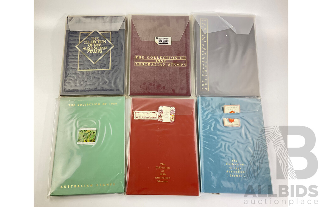 Australian 'The Collection' Annual Stamp Albums, Consecutive 1986 to 1991 - Face Value $217.54