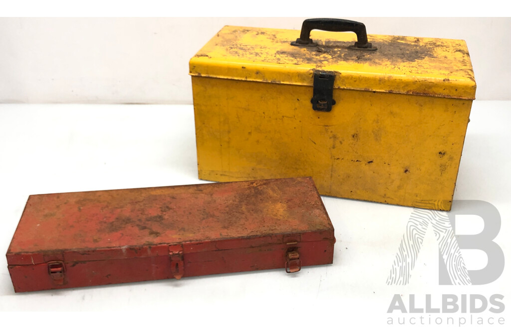 2 Vintage Metal Tool Boxes Contains Large Sockets, Spanners, Tape Measures and More