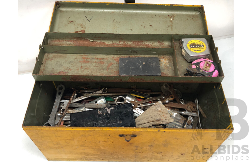 2 Vintage Metal Tool Boxes Contains Large Sockets, Spanners, Tape Measures and More