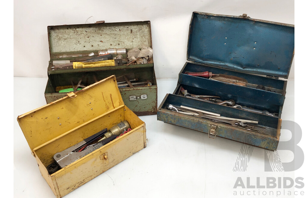 3 Vintage Metal Tool Boxes Contains, Spanners, Files, Screwdrivers and More
