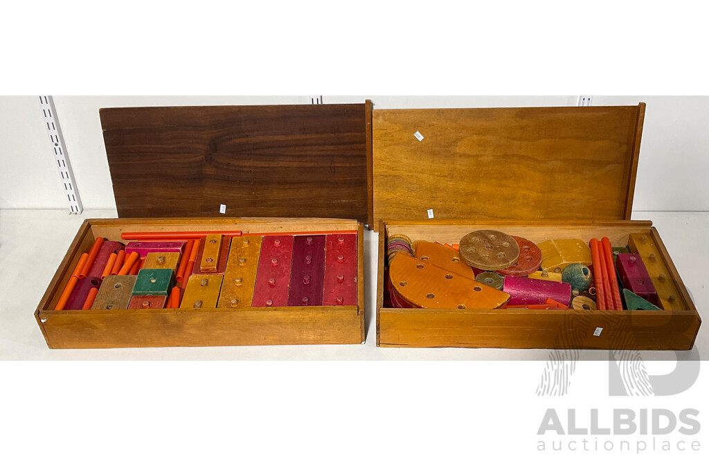 Pair of Vintage Child’s Wood and Plastic Building Toys in Wooden Boxes