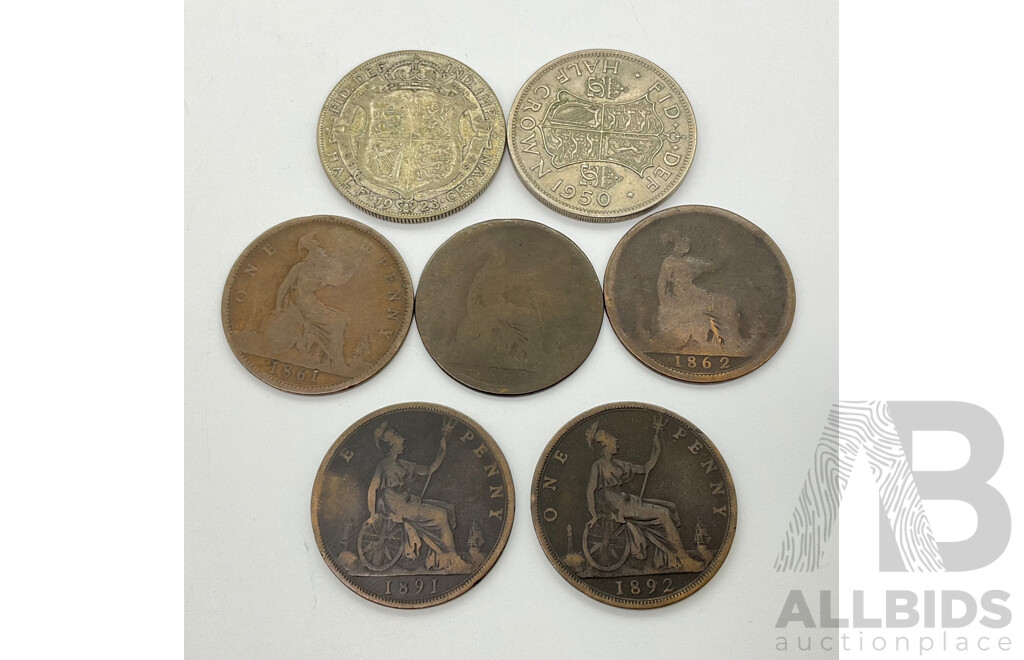 United Kingdom 1923 One Half Silver Crown .500, 1950 Half Crown, 1861, 1862(2) 1891, 1892 Queen Victoria One Pennies