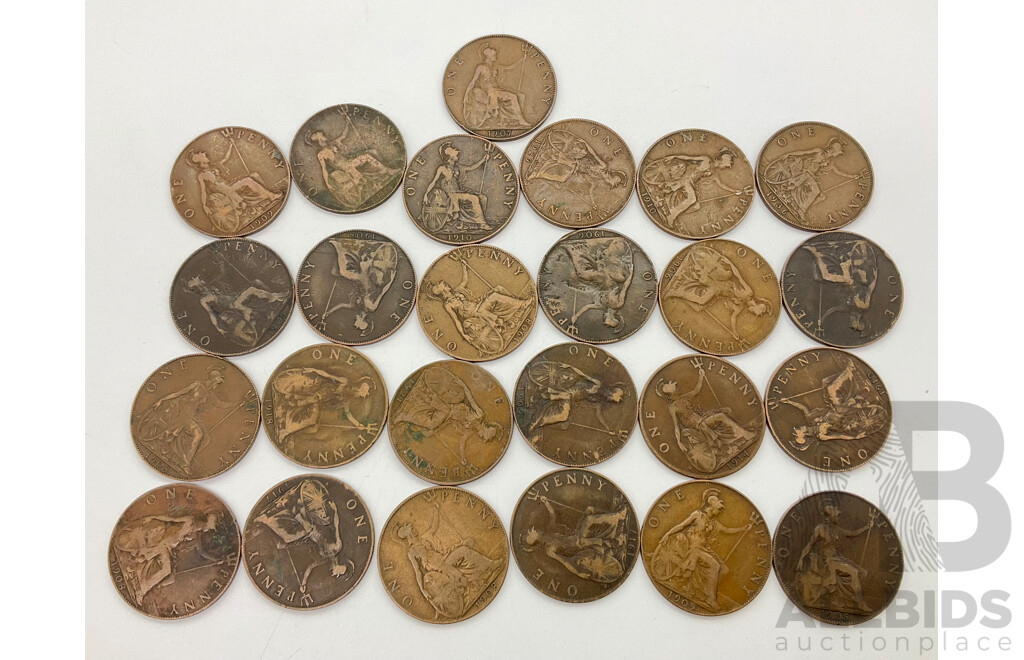 Collection of Twenty Five United Kingdom King George the Fifth Pennies Years Spanning 1904-1936
