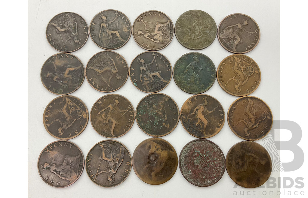 Collection of Twenty United Kingdom Queen Victoria Pennies, Years Spanning 1862-1901