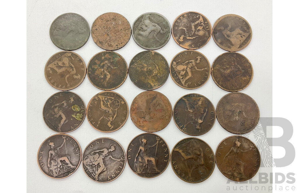 Collection of Twenty United Kingdom Queen Victoria Pennies, Years Spanning 1863-1901