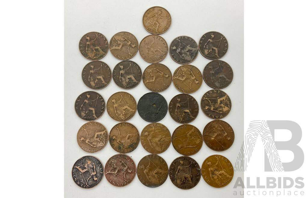 Collection of Twenty Six United Kingdom King George the Fifth Half Pennies, Years Spanning 1903-1931