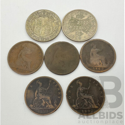 United Kingdom 1923 One Half Silver Crown .500, 1950 Half Crown, 1861, 1862(2) 1891, 1892 Queen Victoria One Pennies