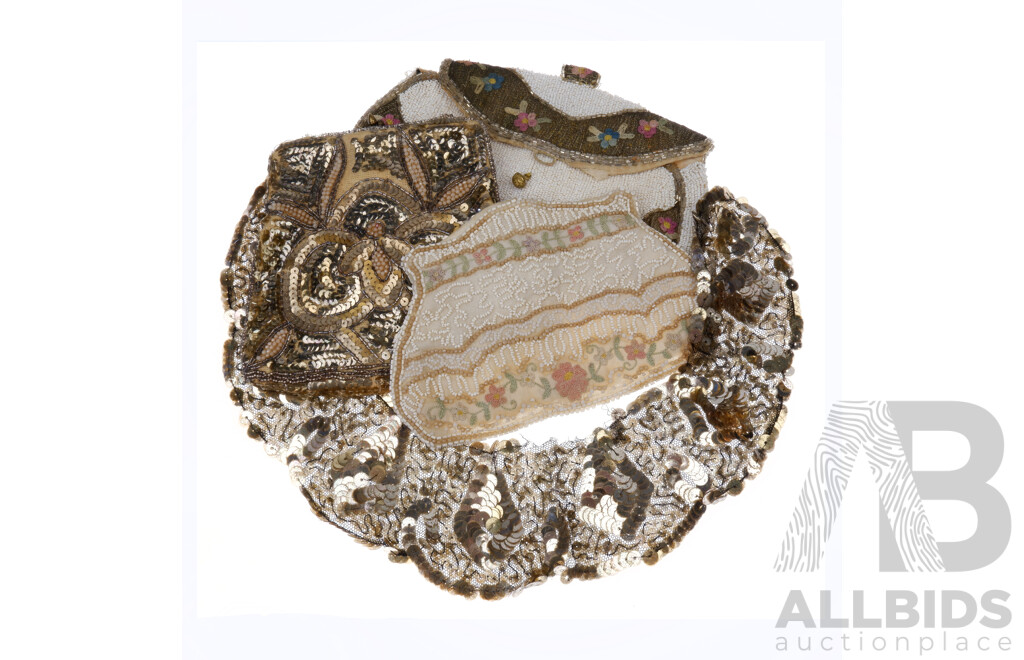 Three Antique Beaded Ladies Purses and Antique Sequin Collar