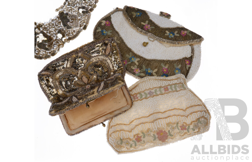 Three Antique Beaded Ladies Purses and Antique Sequin Collar