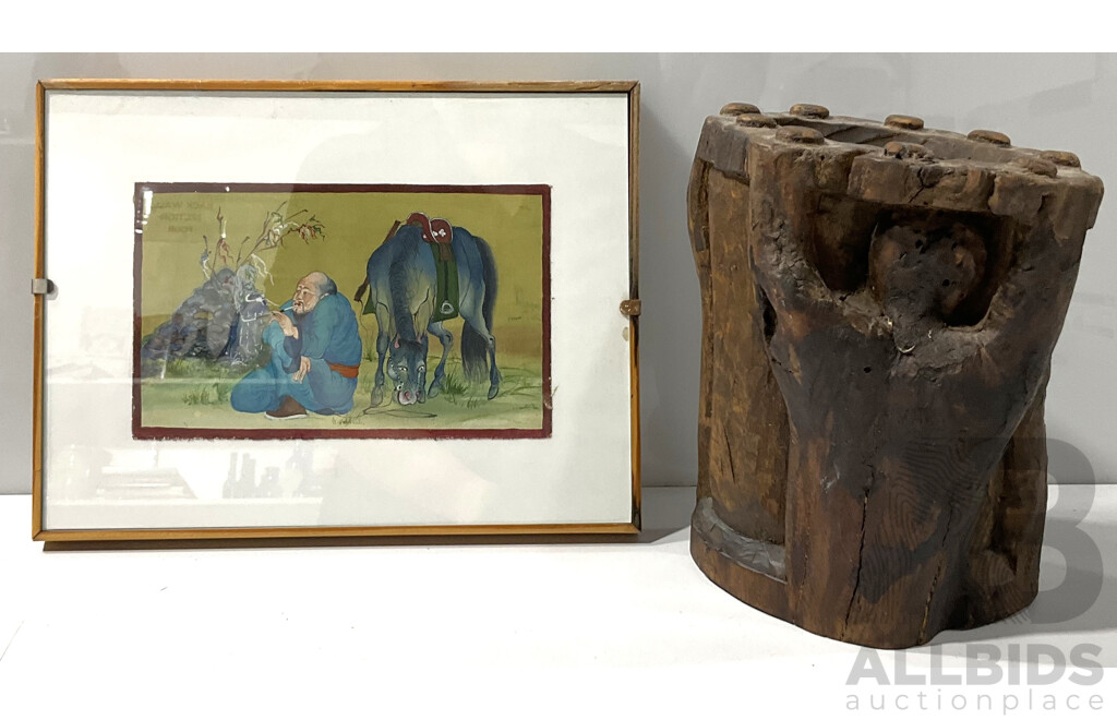 Small Vintage Hand Painting of Chinese Man Smoking with Horse in Frame Alongside a Carved Wooden Decorative Small Bowl or Candle Holder