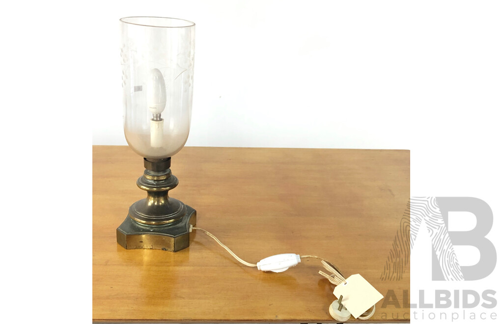 Vintage Brass Lamp with Etched Glass Shade