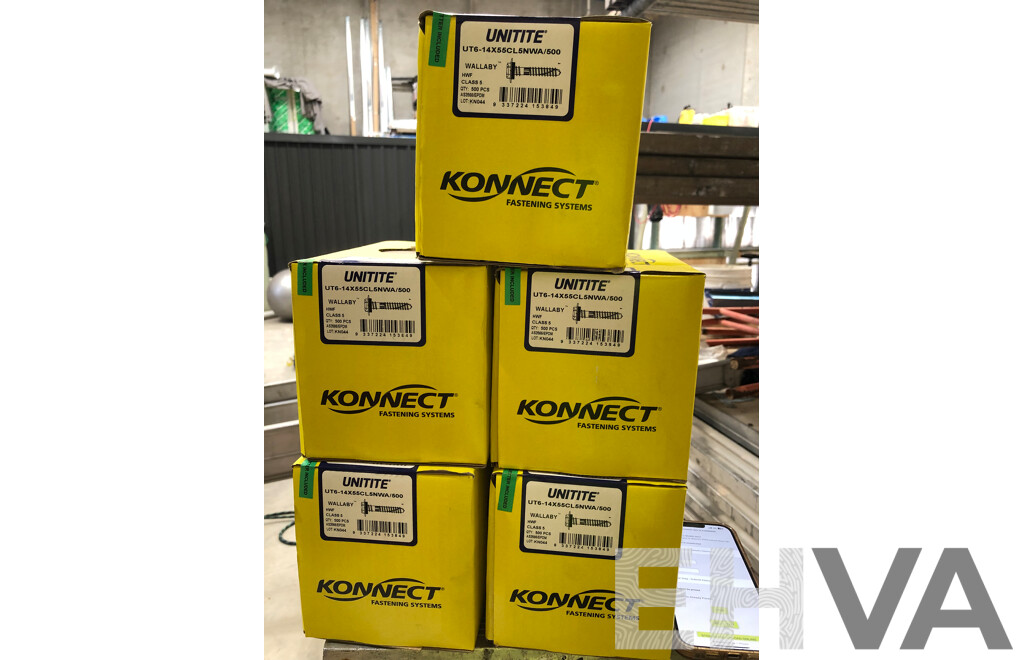 5 Sealed Boxes of Konnect Untite UT6-14x55CL5NWA/500 Wallaby Roofing Hex Head Screws