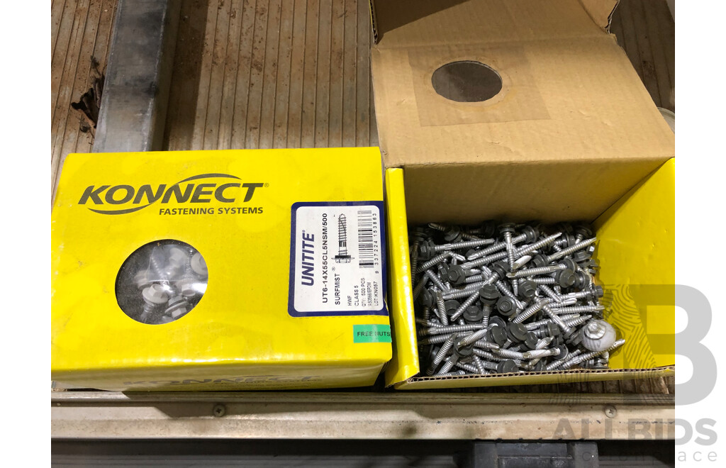 1 Sealed Box of Konnect 14x55CL5NSM/500 Hex Head Screws and One Open Box of UT6-14x55CL5NWO Hex Head Screws