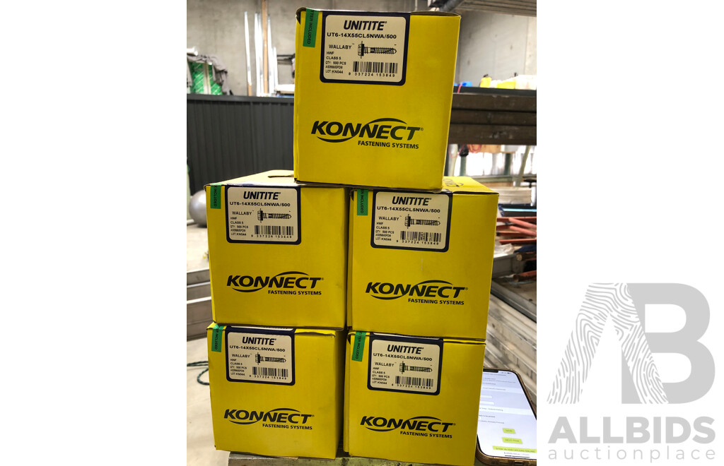 5 Sealed Boxes of Konnect Untite UT6-14x55CL5NWA/500 Wallaby Roofing Hex Head Screws