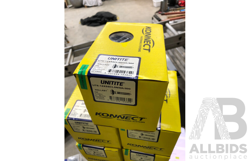 5 Sealed Boxes of Konnect Untite UT6-14x55CL5NWA/500 Wallaby Roofing Hex Head Screws