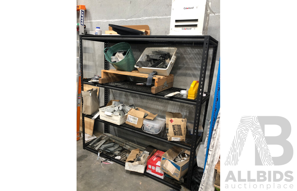 Metal Shelving with Contents Including Colourbond Corner Pieces and Off Cuts, Drainage Parts and Other Items