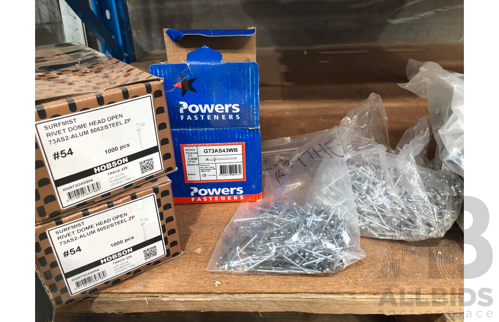 Quantity of Sealed and Unsealed Boxes of Different Sized and Types of Pop Rivets