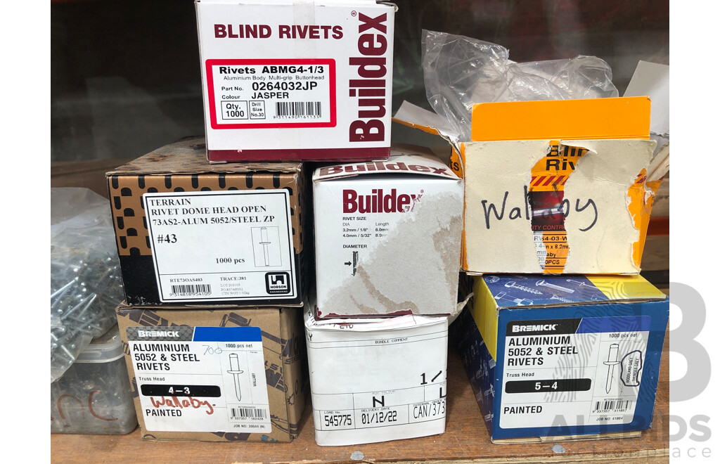 Quantity of Sealed and Unsealed Boxes of Different Sized and Types of Pop Rivets