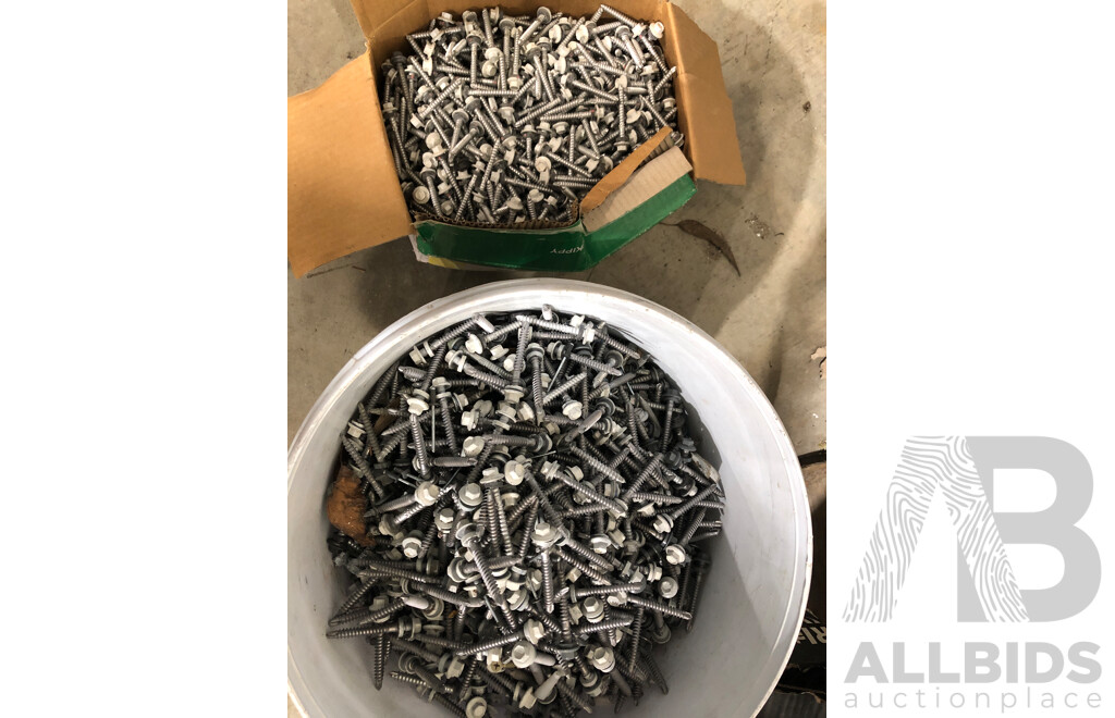 Large Bucket and Box of Assorted Hex Head Screws