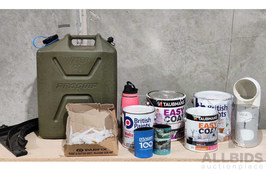 Assorted Lot of Materials, Paint and 60L Bin
