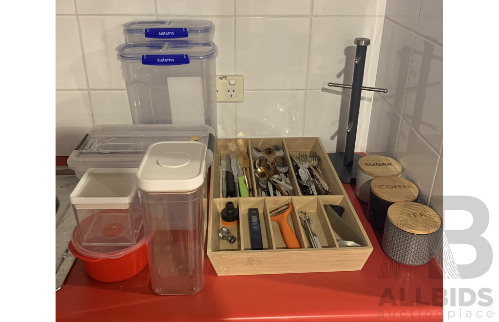 Assorted Kitchenware including Storage Containers and Collection of Cutlery