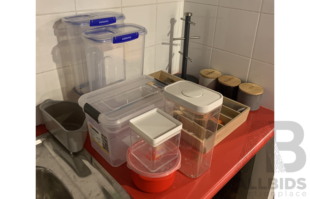 Assorted Kitchenware including Storage Containers and Collection of Cutlery