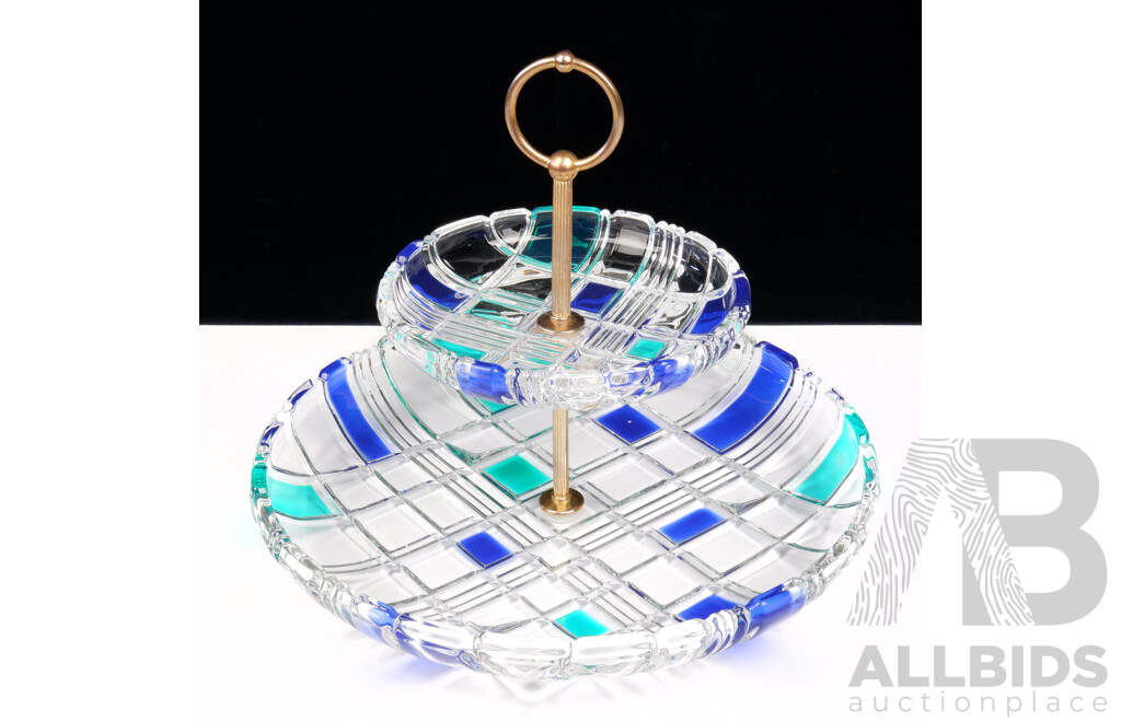 Retro Two Tier Cut Crystal Cake Stand with Blue and Green Flashed Sections