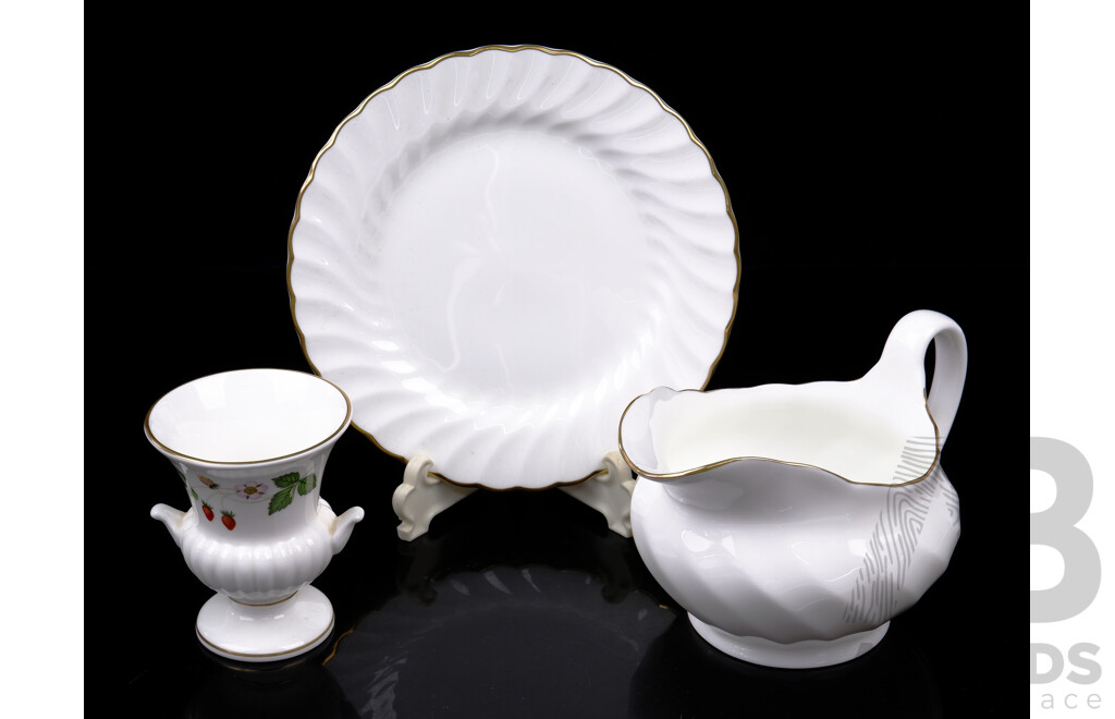Three Pieces English Wedgwood, Two in Gold Chelsea Pattern and Urn with Strawberries Decoration