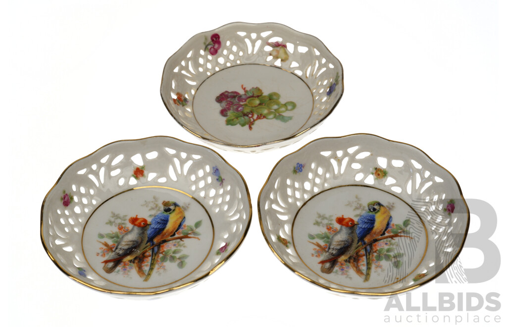 Set Three Vintage German Azberg Porcelain Dishes with Pierced Sides
