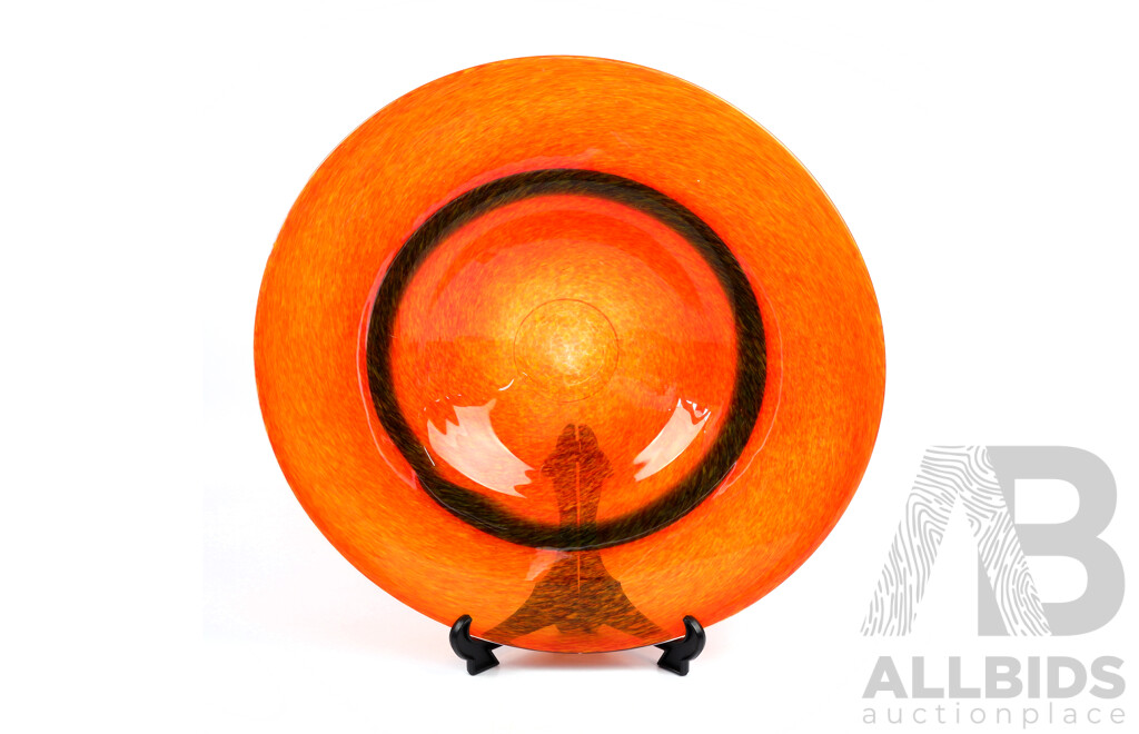 Retro Hand Blown Studio Art Glass Centerpiece Dish with Burnt Orange Mottled Glass