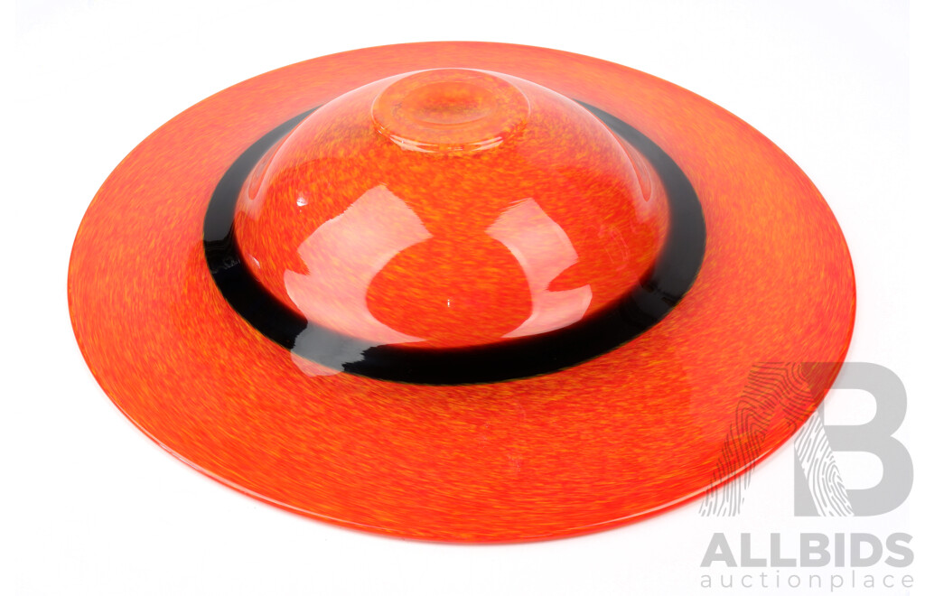 Retro Hand Blown Studio Art Glass Centerpiece Dish with Burnt Orange Mottled Glass