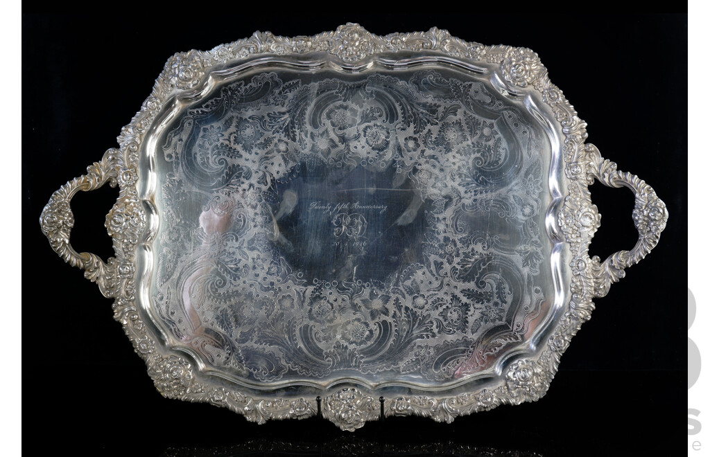 Impressive Large Vintage Silver Plate Serving Tray with Raised Foliate Motif to Rim with Inscription