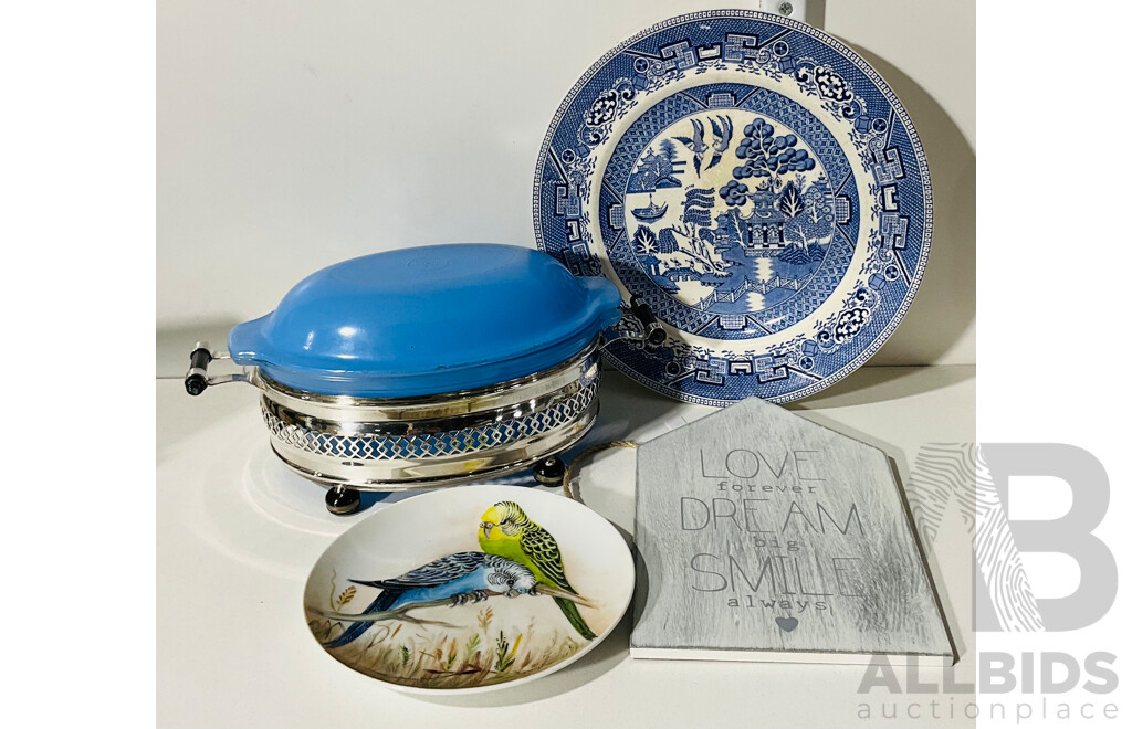 Collection of Homewares Including Handpainted Budgerigar Plate, Pyrex Serving Dish and More