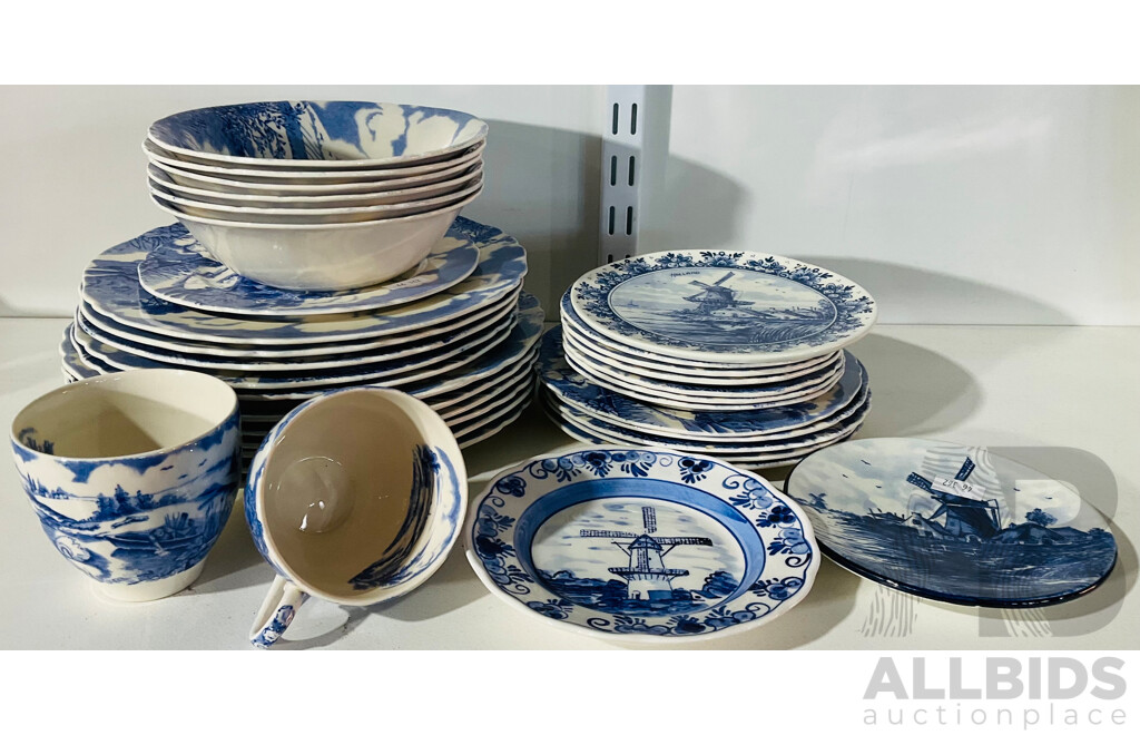 Incomplete Vintage Alfred Meakin ‘Pastoral’ Dinner Set Alongside Three Delfts Blue Holland Plates