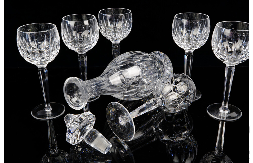 Waterford Crystal Decanter with Stopper and Set Six Matching Glasses