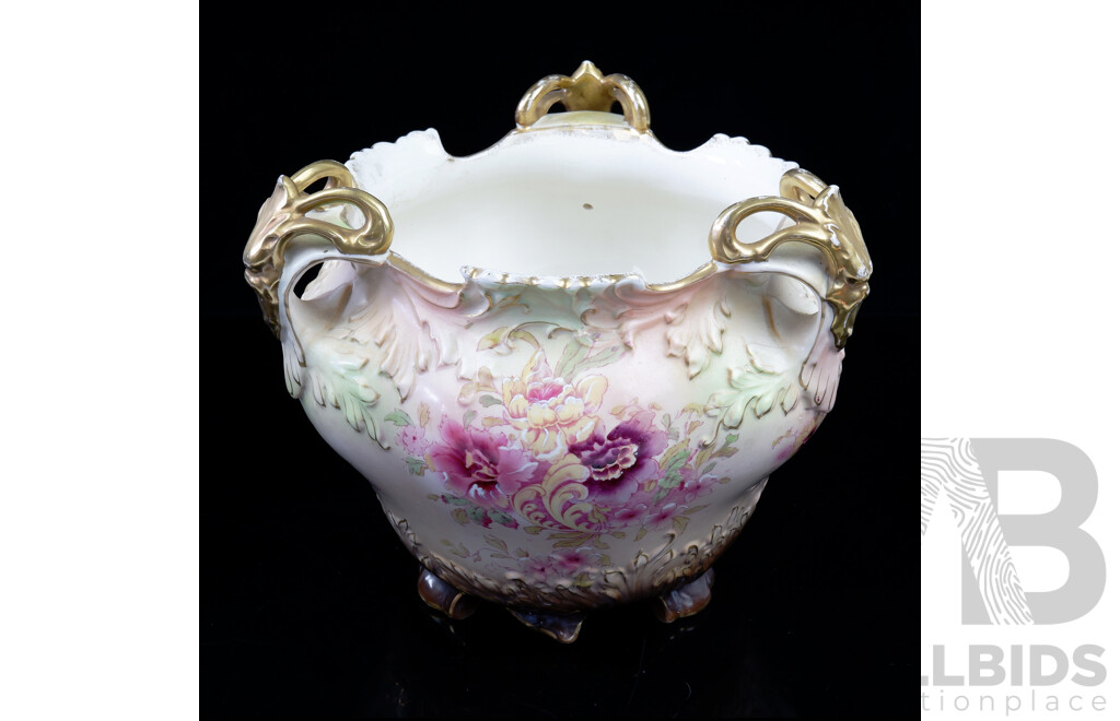 Antique English Porcelain Jardiniere with Triple Gilt Handles