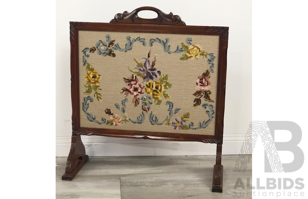 Vintage Timber Fire Screen with Framed Cross Stitch