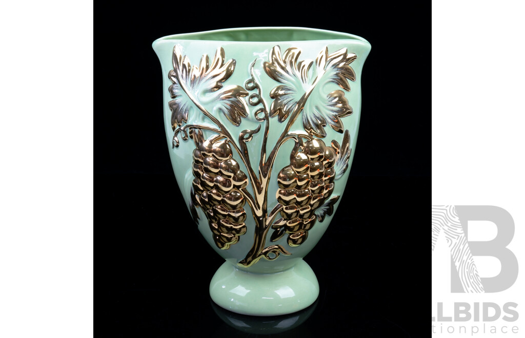 Vintage Gilt Ceramic Mantle Vase with Grape and Vine Motif, Marked V30 AACP