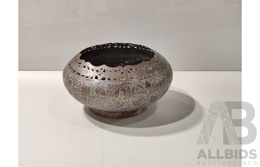 Middle Eastern Pierced Copper Bowl with Floral Motif