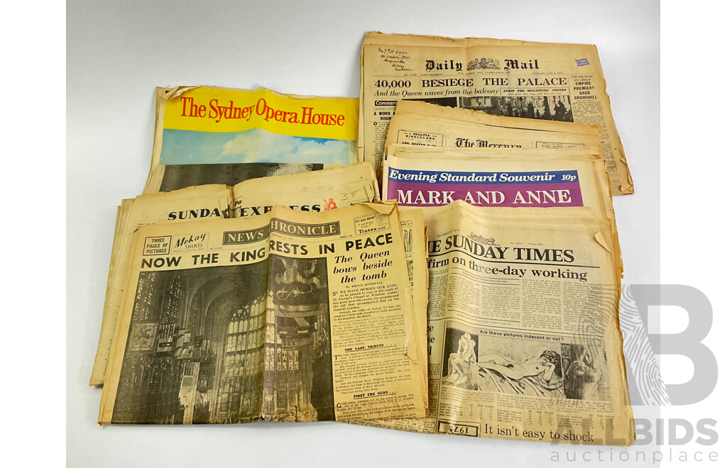 Collection of Vintage Newspapers From Historic Events Including 1952 KGVI Funeral, 1954 QE2 Return to England, 1973 Queen Anne Wedding, 1952 Forster Cup, 1953 QE2 Coronation, 1973 Sydney Morning Herald Sydney Opera House Opening
