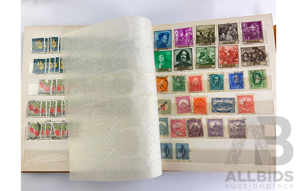 Four Vintage Cancelled Stamp Albums Including Australia and New Zealand Pre Decimal, Canada, Borneo, Italy and More