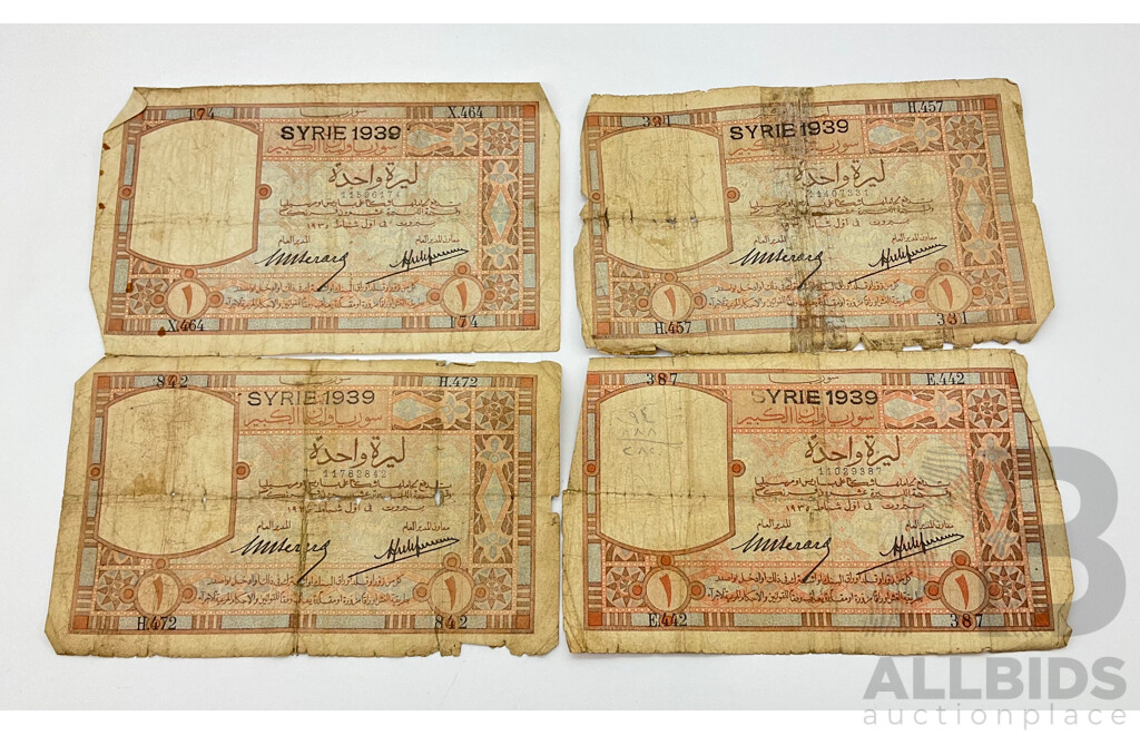 Four 1939 Lebanon Paper One Livre Bank Notes