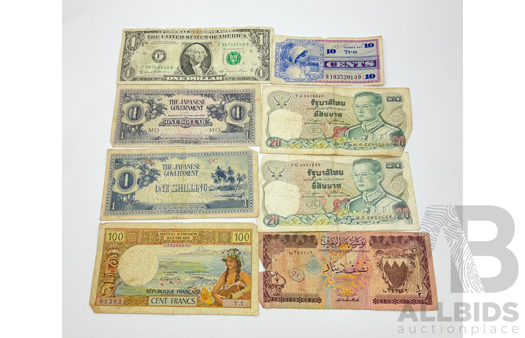Collection of Vintage Paper Bank Notes Including 1940's Japanese Invasion Notes, 1981 USA One Dollar, Tahiti 100 Cent Francs, Bahrain Half Dinar, Thailand Twenty Baht
