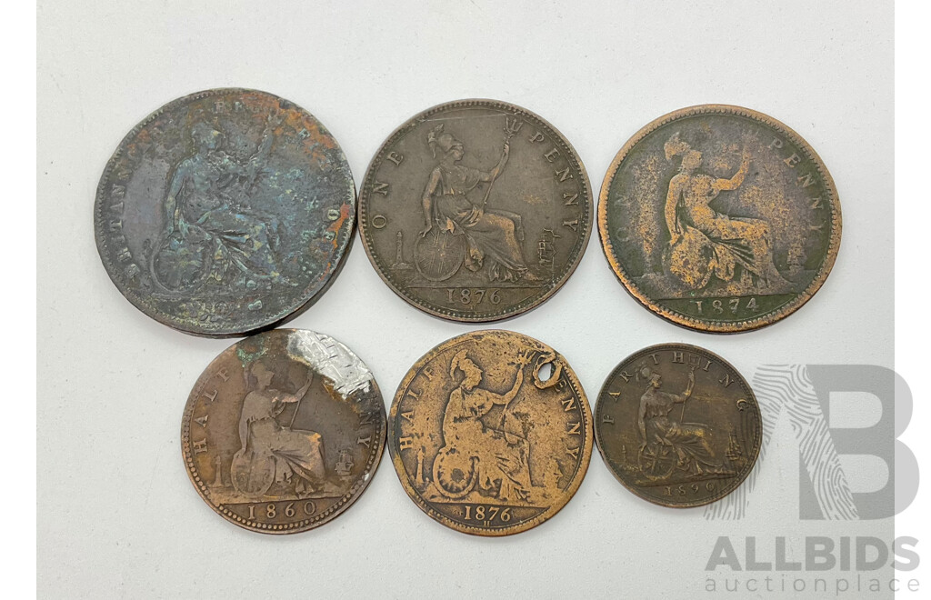 United Kingdom 1853, 1876H, 1874 Pennies, 1860, 1876H Half Pennies, 1890 Farthing