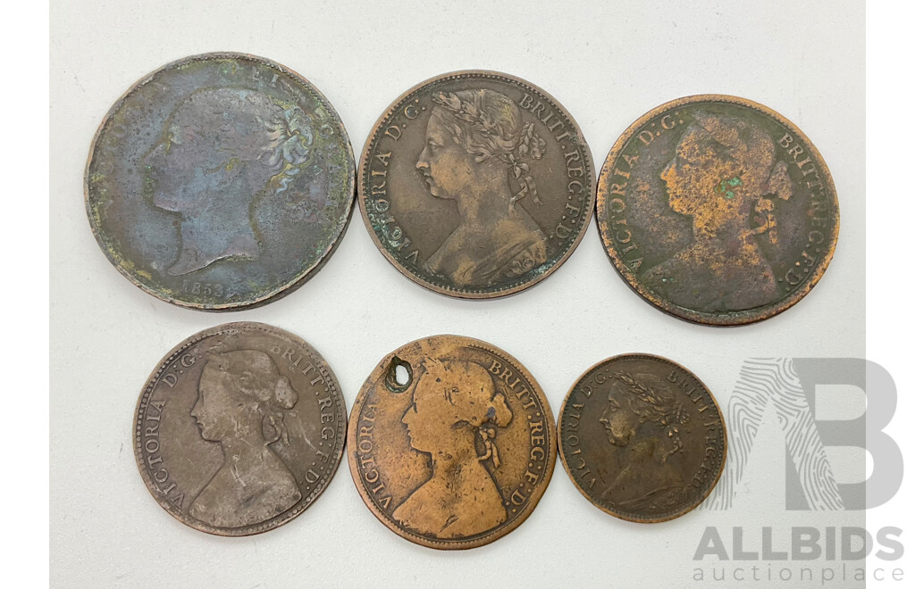 United Kingdom 1853, 1876H, 1874 Pennies, 1860, 1876H Half Pennies, 1890 Farthing