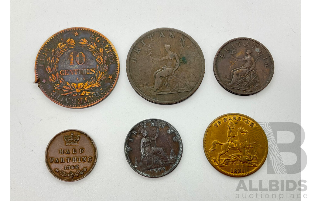 Collection of Antique and Vintage Coins Including France 1872 Ten Centimes, United Kingdom 1806 Penny, 1806,1878 Farthings, 1844 Half Farthing, 1837 Queen Victoria to Hanover Token