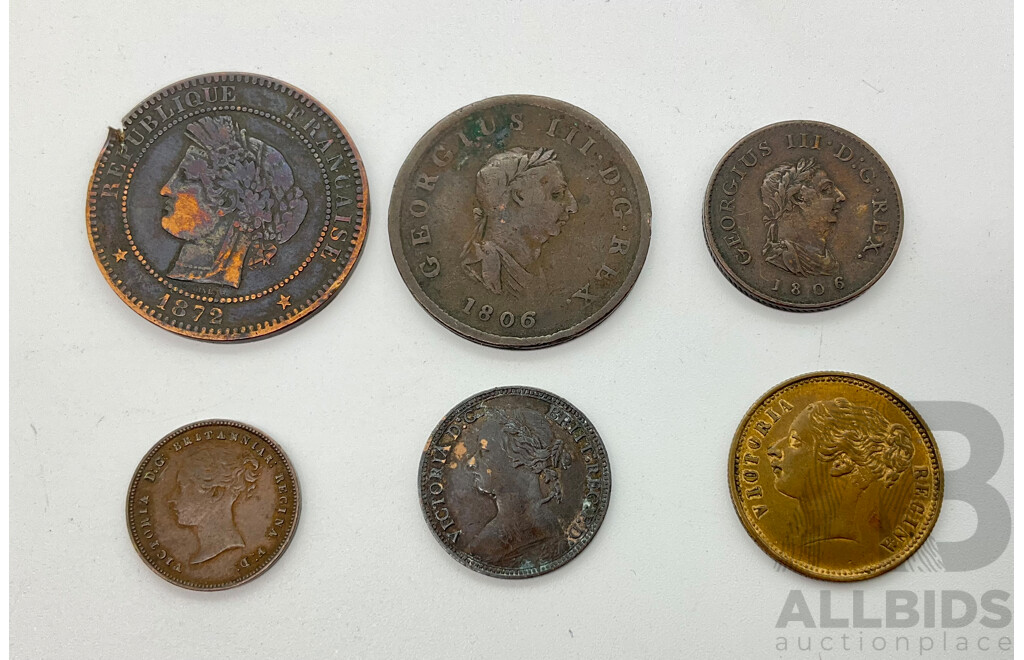Collection of Antique and Vintage Coins Including France 1872 Ten Centimes, United Kingdom 1806 Penny, 1806,1878 Farthings, 1844 Half Farthing, 1837 Queen Victoria to Hanover Token