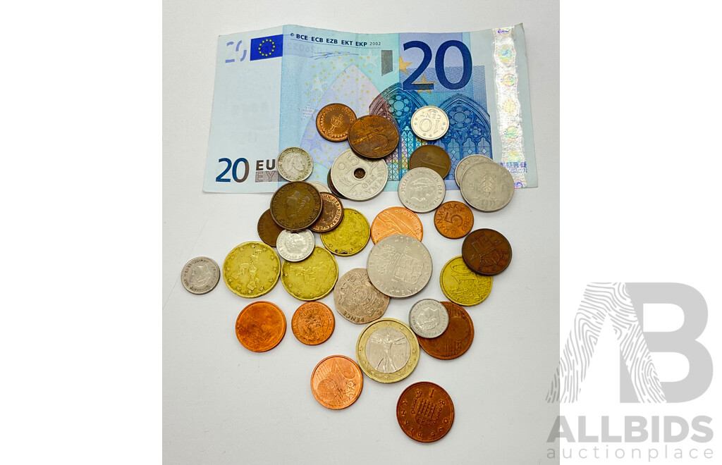 Collection of Foreign Currency Including Twenty Euro Note, Belgium, Sweden, Netherlands Denmark Coins