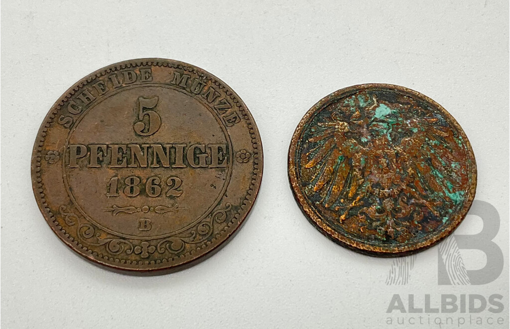 Kingdom of Saxony 1862 B Five Pfennige and 1911 Two Pfennig Coins