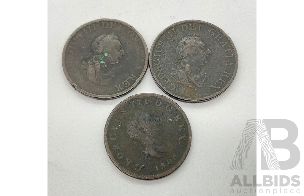 Three United Kingdom King George III Half Pennies Penny 1799(2) 1806